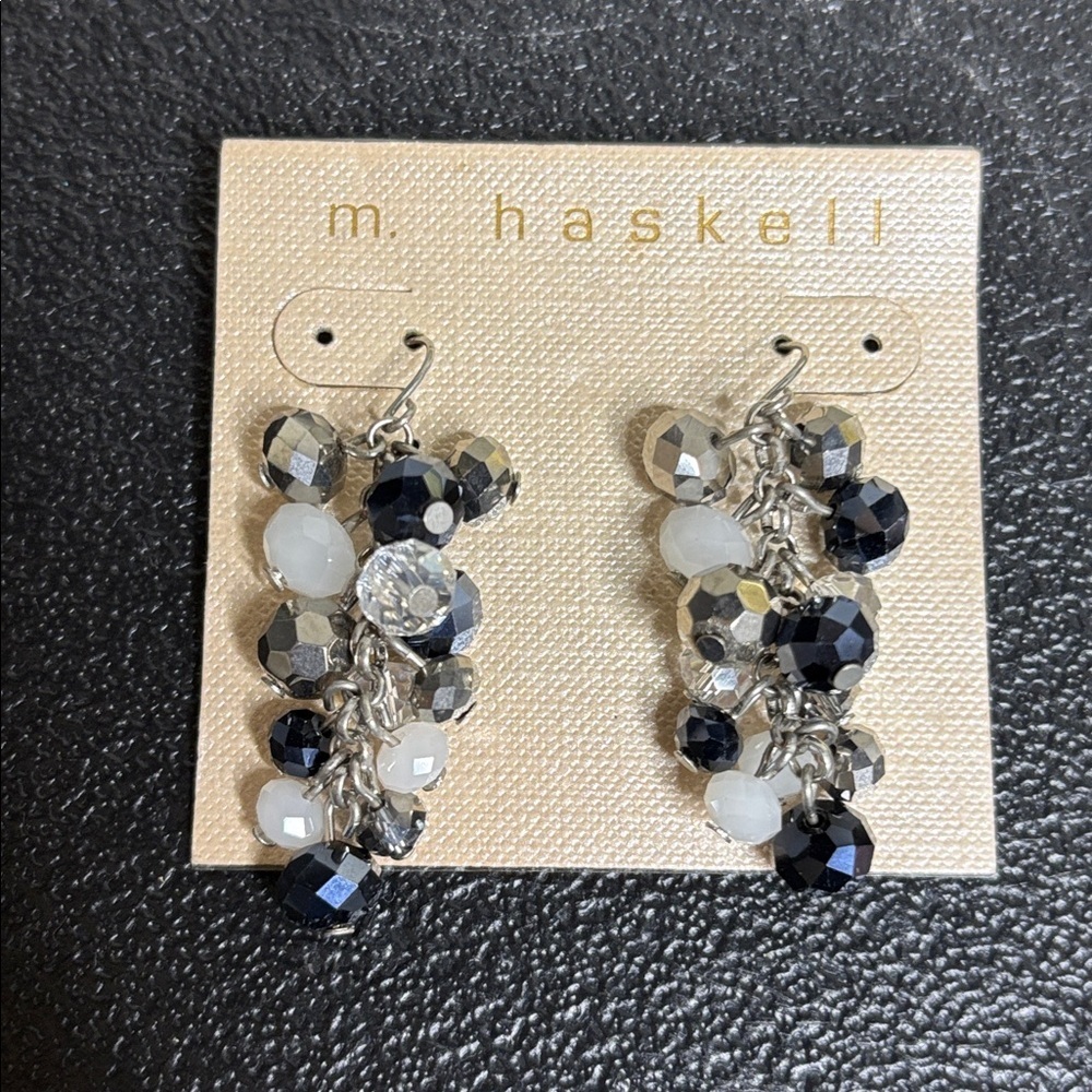 NWT M Haskell Black and Silver Dangle Chacha Earrings Beaded Cluster